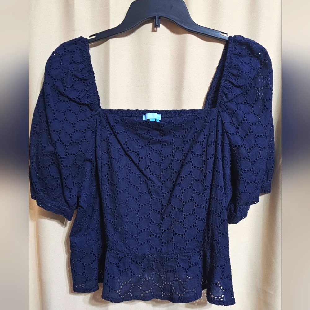 Draper James Navy Blue Eyelet Women's Off Shoulder Smocked Crop Top New